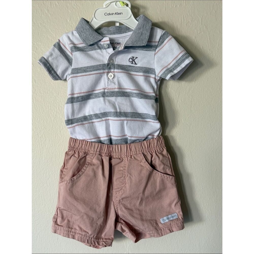 Calvin Klein Striped Polo & Dusty Pink Shorts Set